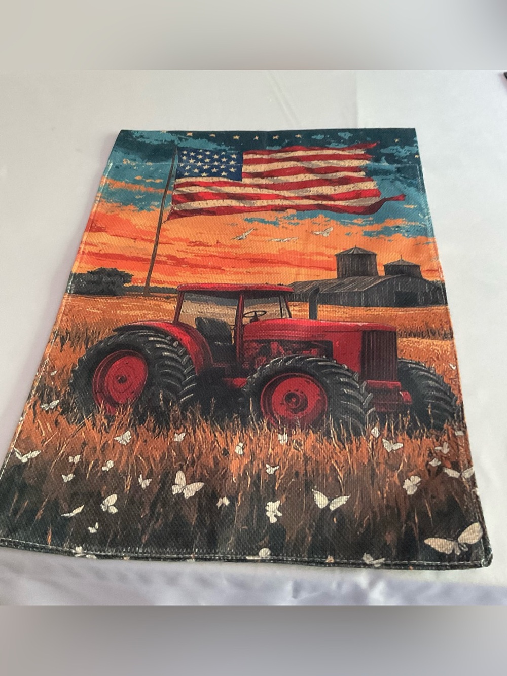 Rustic Red Tractor & American Flag Garden Flag